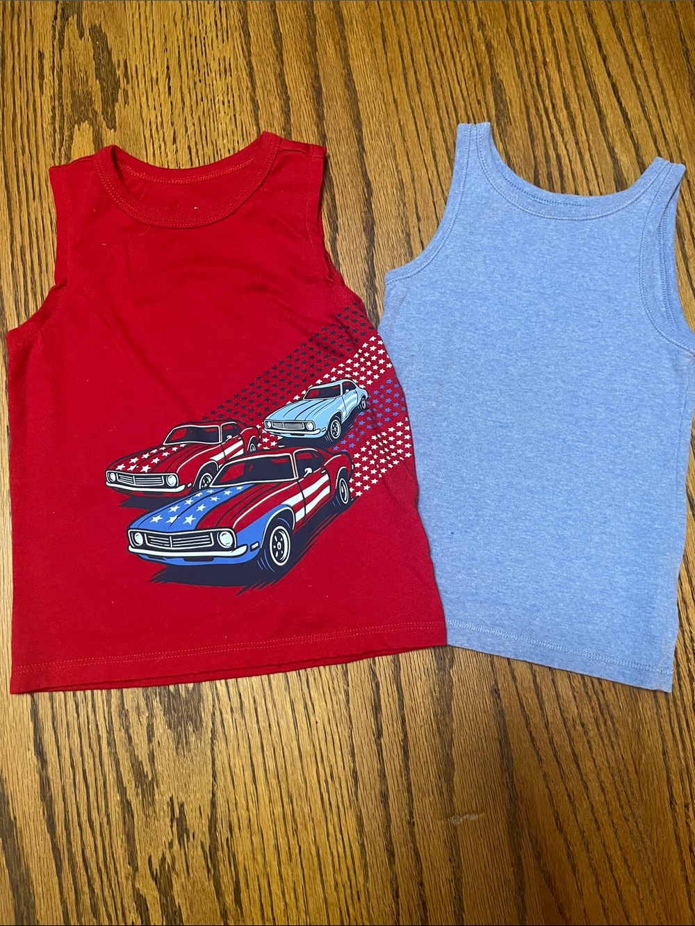 Cat & Jack Red Muscle Car Graphic and plain blue Tank Tops